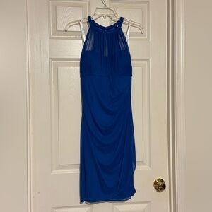 David's Bridal Blue Ruched Halter Sheath Dress